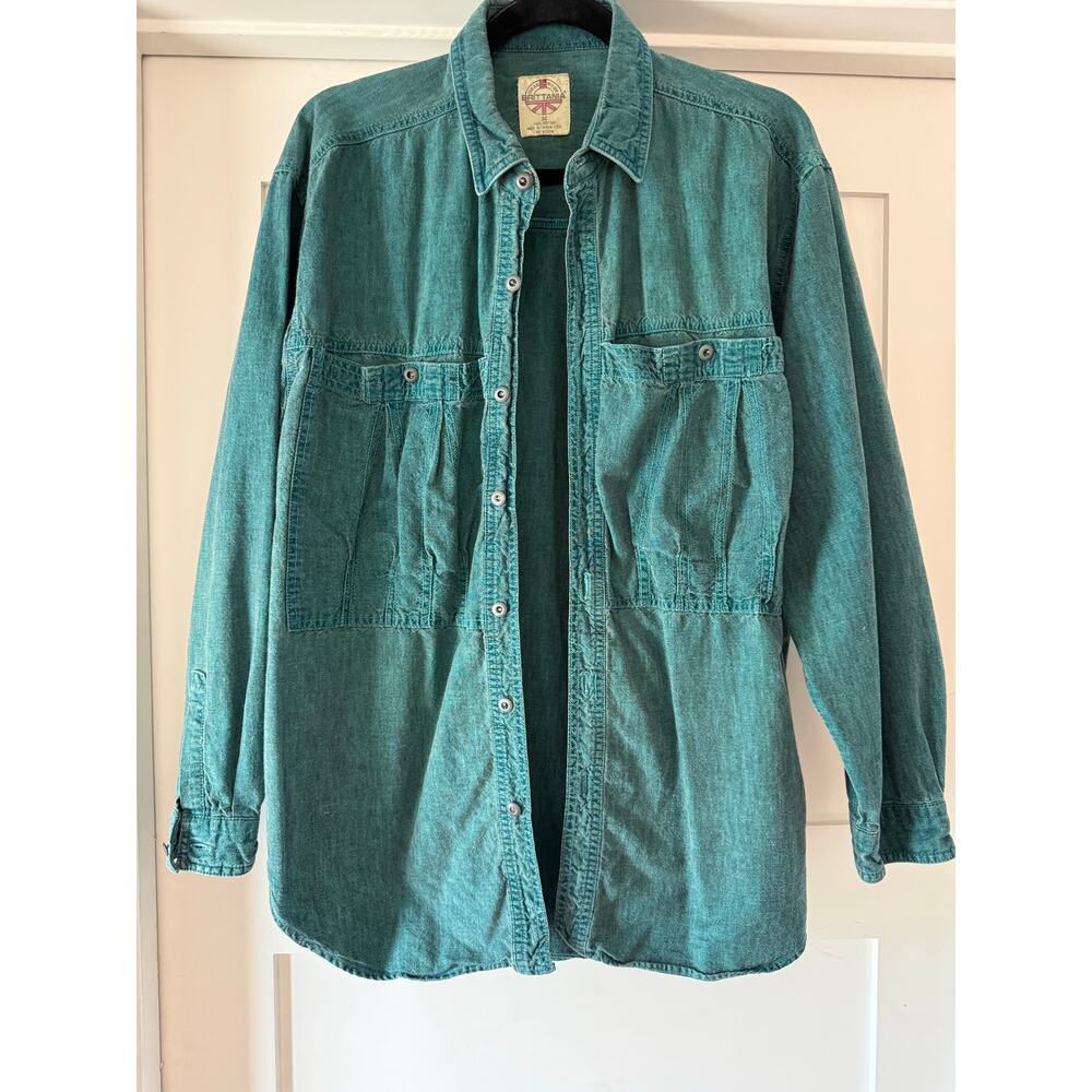 Vintage Brittania Teal Denim Button Up Shirt Jacket Oversized 90s Grunge Utility